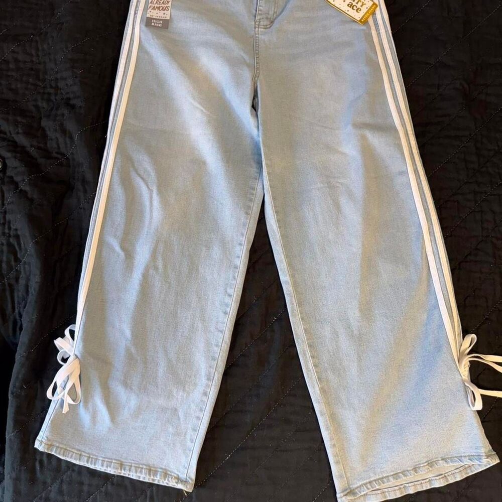 Women's Light Blue Straight Leg Jeans with White Side Stripes